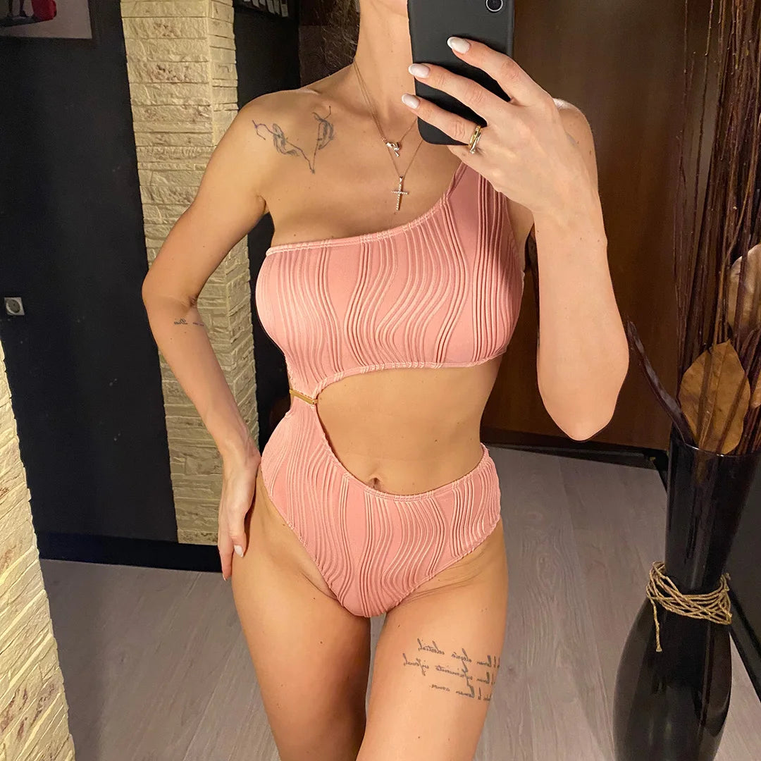 Damen Badeanzug asymmetrisch Cut-Out gerüscht One-Shoulder gepolstert