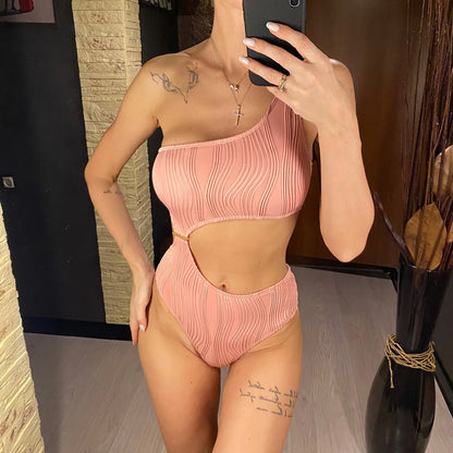 Damen Badeanzug asymmetrisch Cut-Out gerüscht One-Shoulder gepolstert