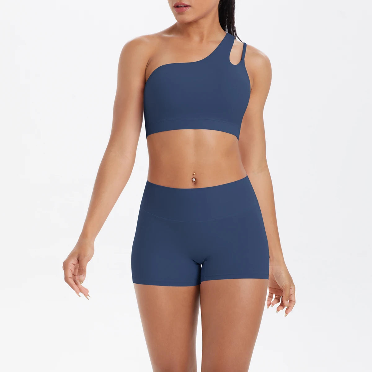 Damen-Yoga-Set: Sport-BH-Top und High-Waist Shorts, atmungsaktiv, dunkelblau