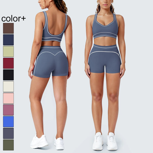 Yoga-Set mit Sport-BH und Shorts, dunkelblau mit weißen Kontrastlinien