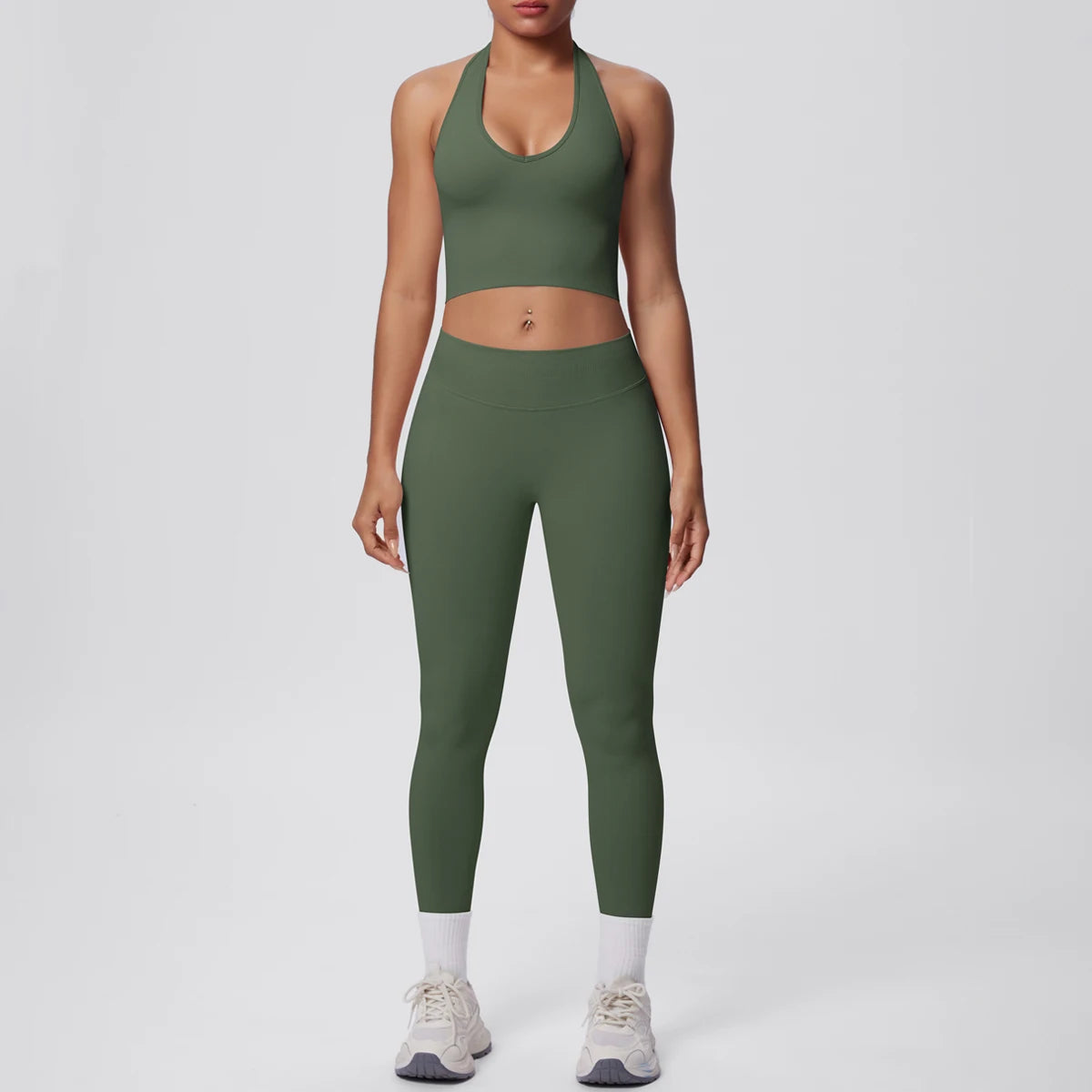 Hamidou Yoga-Set für Frauen in Olivgrün: Sport-BH und Leggings mit hellem Saum