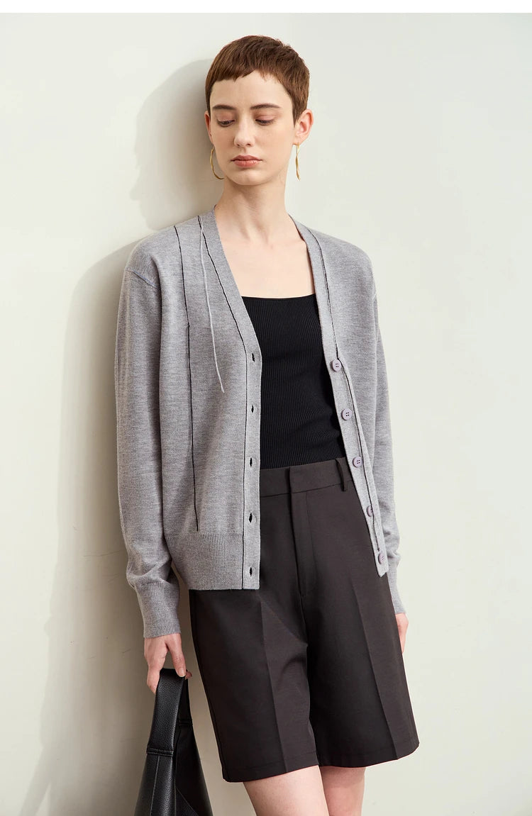 Damen-Strickjacke V-Ausschnitt Patchwork Raglan Wolle-Mix Herbst