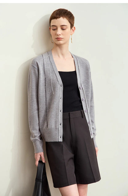 Damen-Strickjacke V-Ausschnitt Patchwork Raglan Wolle-Mix Herbst