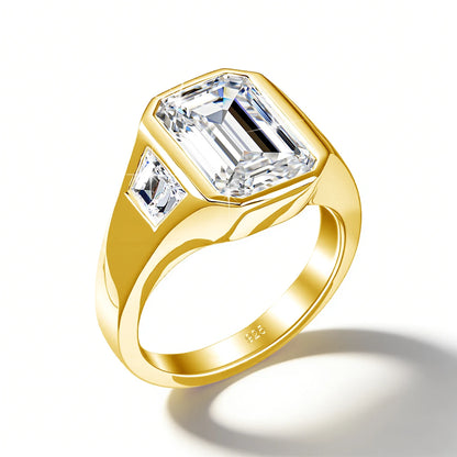 Unisex-Verlobungsring Moissanit im Smaragdschliff Drei-Stein-Design aus 925 Silber