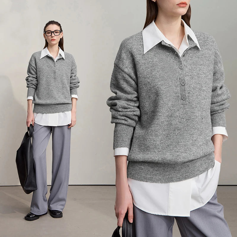 Grau melierter Damenpullover mit Kragenoptik und Knopfleiste