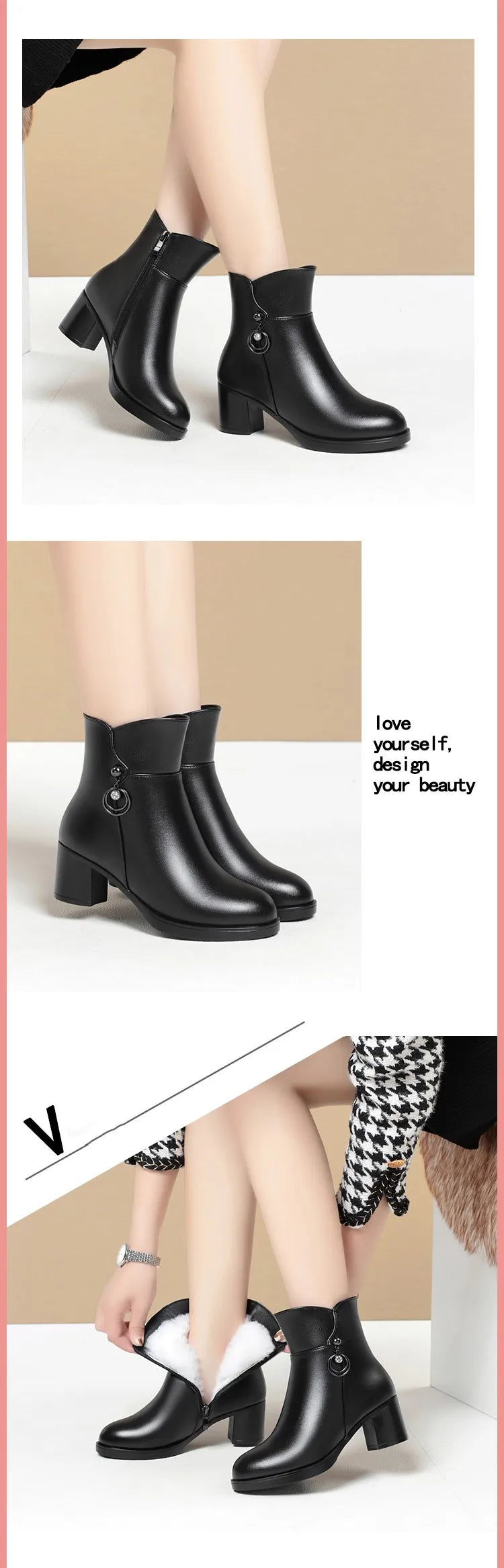 Damen-Winterstiefelette: schwarze Lederschuhe mit Blockabsatz und Knopfdetail