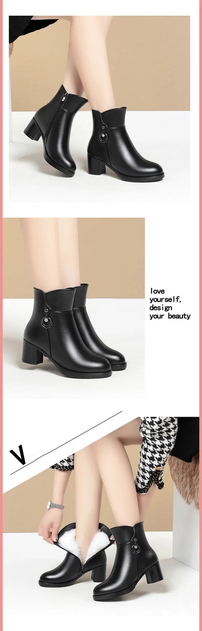Damen-Winterstiefelette: schwarze Lederschuhe mit Blockabsatz und Knopfdetail