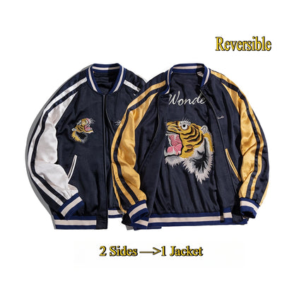 Herren Yokosuka Jacke Retro Reversible Tiger bestickte Patchwork-Outwear