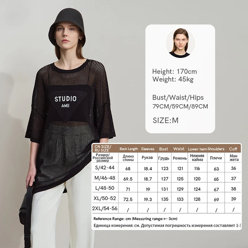 Damen-Rundhalspullover Buchstaben-Jacquard Halbarm locker Sommer