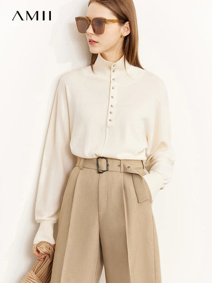 Damen-Rollkragenpullover 100 % Wolle locker Fledermausärmel Herbst