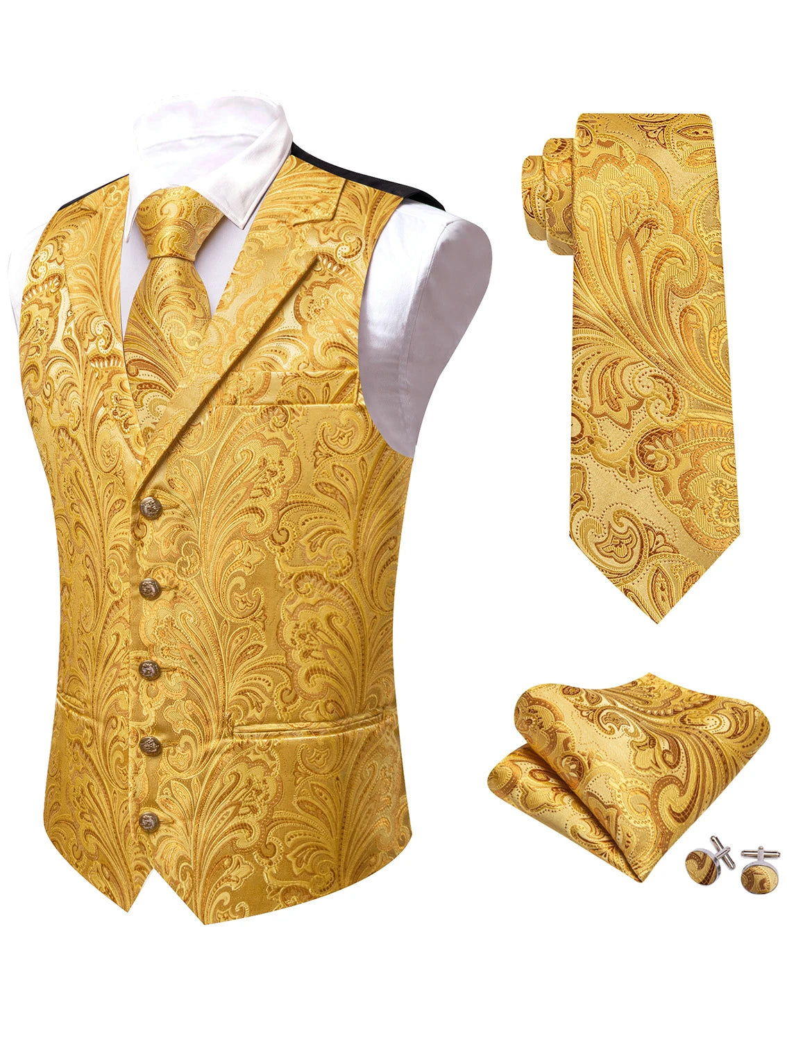 Set aus Herrenweste, Krawatte und Einstecktuch mit goldenen Paisley-Jacquard, helles Gelb