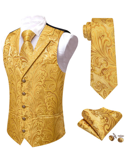 Set aus Herrenweste, Krawatte und Einstecktuch mit goldenen Paisley-Jacquard, helles Gelb