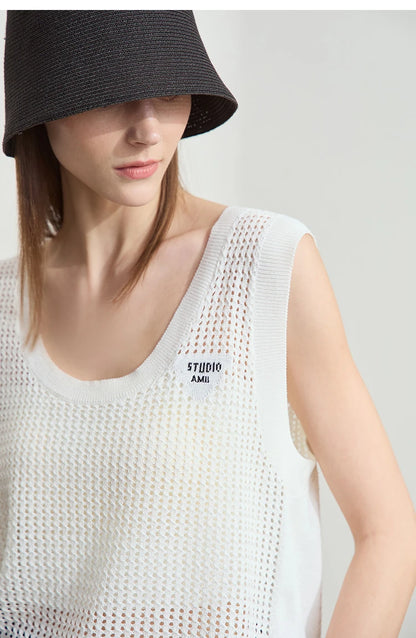 Damen V-Ausschnitt Pullover Viskose ärmellos Lochmuster Sommer