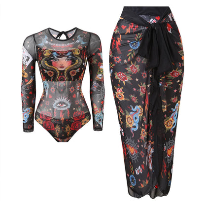 Damen-Badeanzug Blumen Langarm Sarong einteilig gepolstert