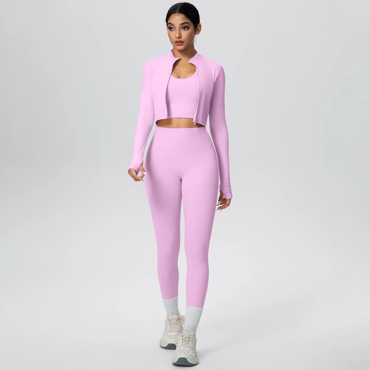 Helllila Yoga-Set mit Zip-Jacke und High-Waist-Leggings