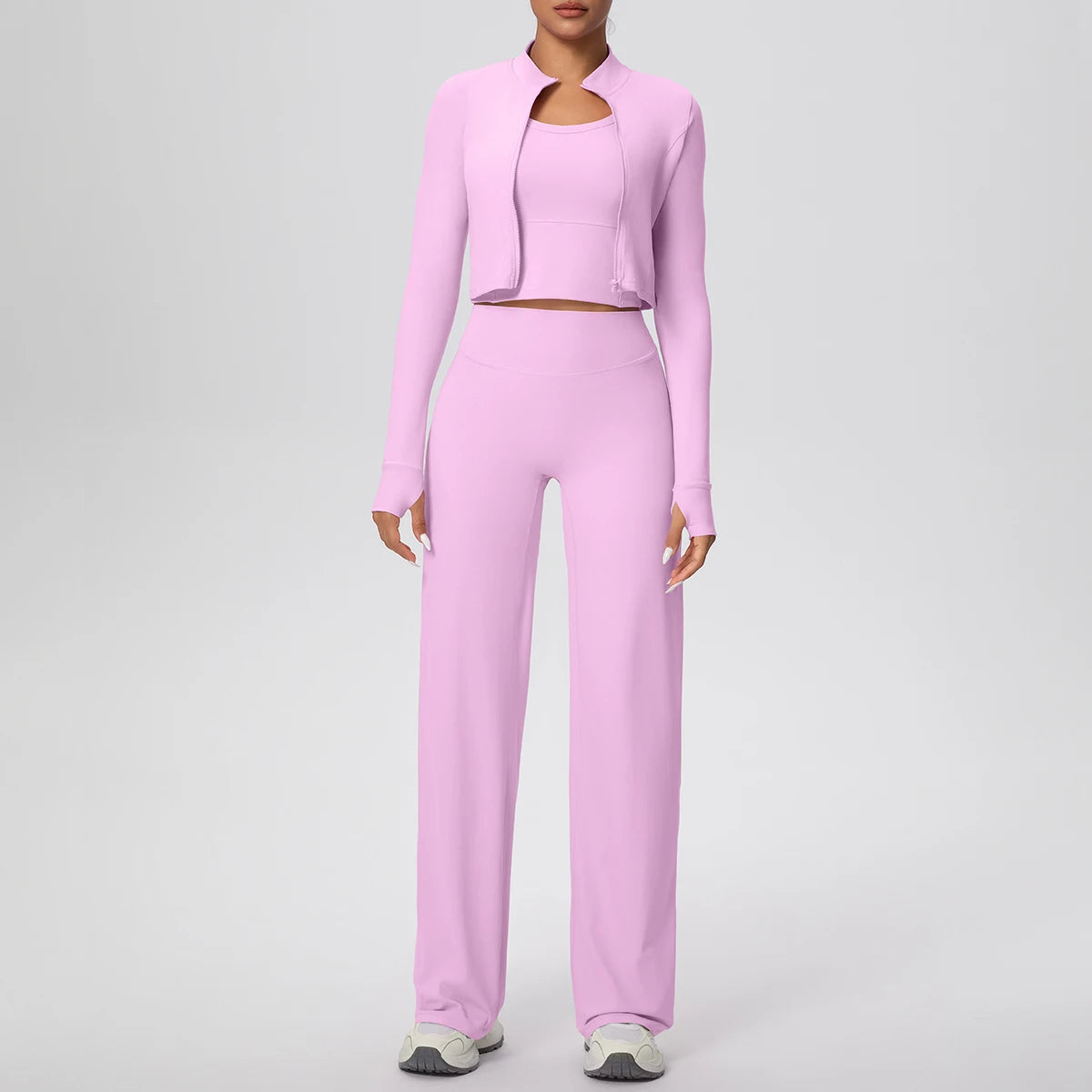 Rosa Yoga-Set für Damen: Cropjacke und weite Hose, Frontansicht