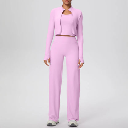 Rosa Yoga-Set für Damen: Cropjacke und weite Hose, Frontansicht