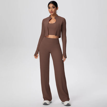 Yoga-Set Damen: Crop-Top mit langen Ärmeln & High-Waist-Leggings, braun