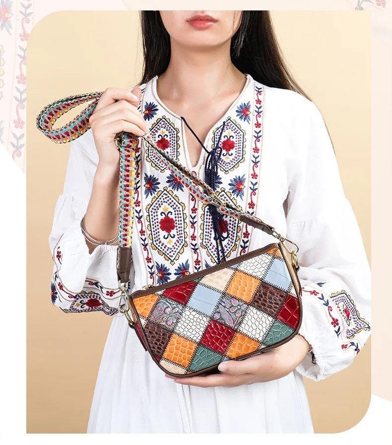 Damen-Schultertasche Patchwork-Leder Boho-Stil