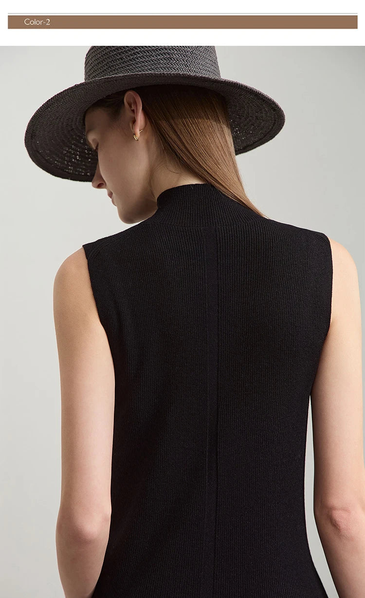 Ärmelloses Mock-Neck-Stricktop in Schwarz, Rückansicht mit geripptem Kragen