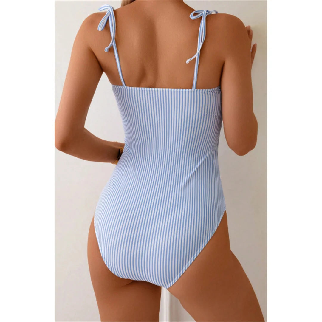 Damen Badeanzug gestreift Rüschen Riemen Monokini hoher Beinausschnitt gepolstert