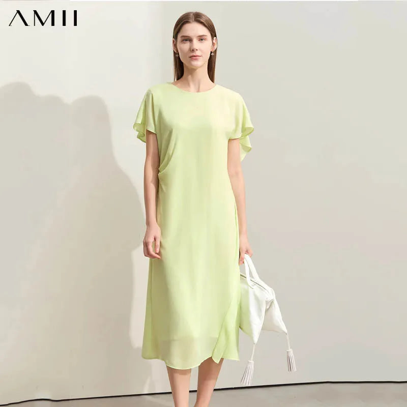 Stilvolles Chiffon Midi Kleid Damen V Ausschnitt Weicher Sommerstoff