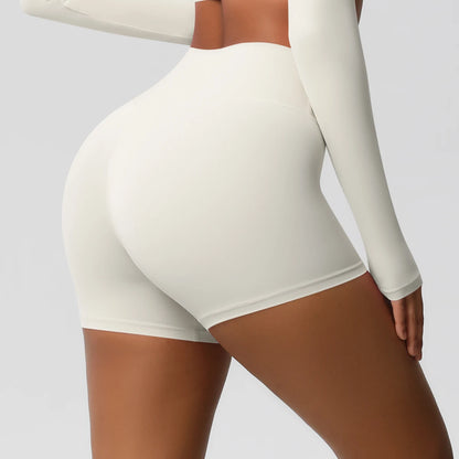 Damen-Sportshorts mit hoher Taille, hellweiß, eng anliegend
