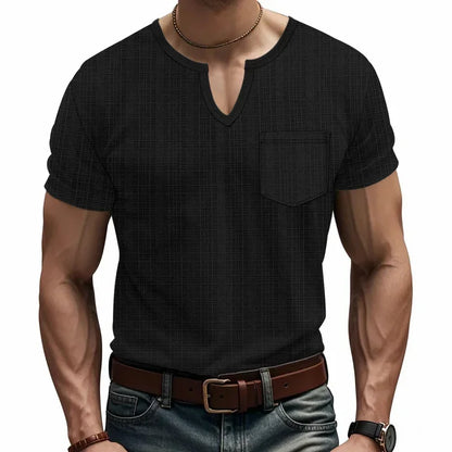 Herren-Casual-Poloshirt mit V-Ausschnitt, Brusttasche und Knopfleiste – vielseitiges, einfarbiges Business-T-Shirt