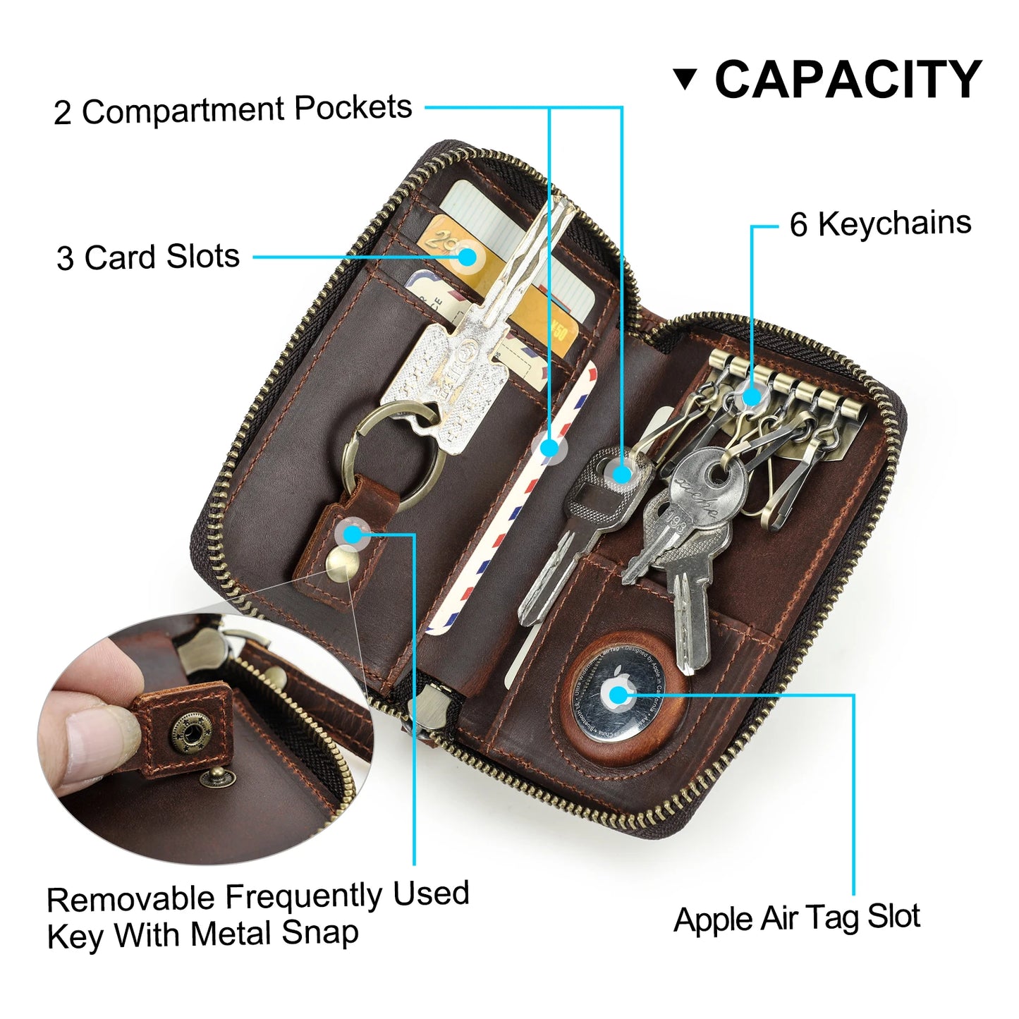 Schlüsselbrieftasche aus Leder mit Kartenfächern, abnehmbaren Schlaufen und AirTag-Slot