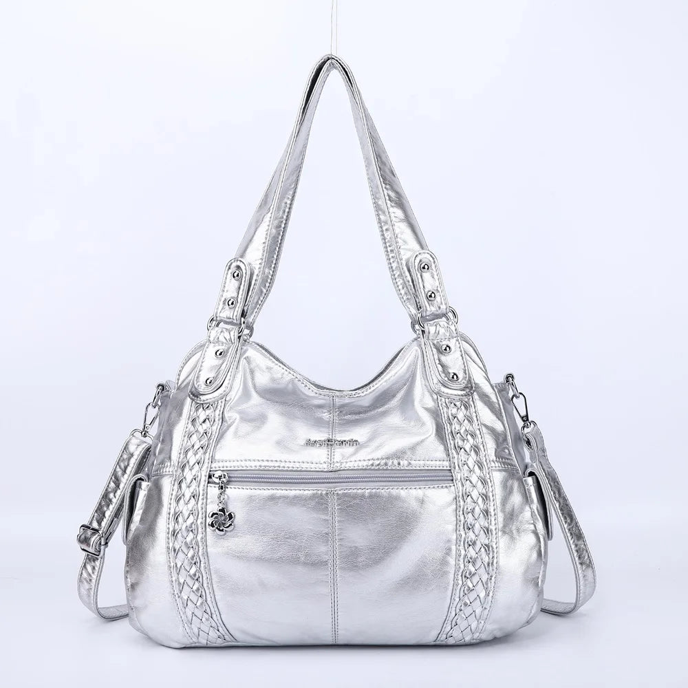 Damen-Schultertasche Silber PU-Leder mit Mehrfachfächern für Alltag und Freizeit