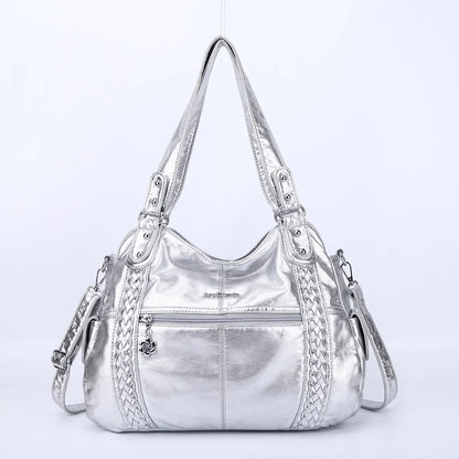 Damen-Schultertasche Silber PU-Leder mit Mehrfachfächern für Alltag und Freizeit