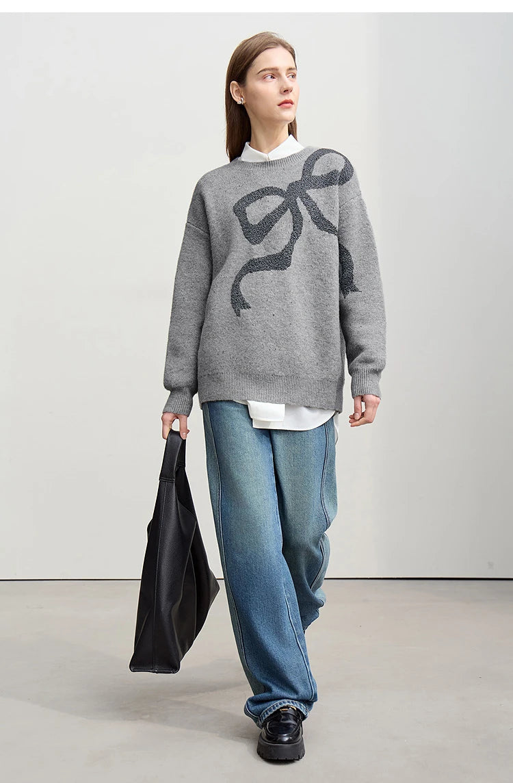 Grau melierter Damenpullover mit Schleifen-Jacquard, Rundhalsausschnitt, Langarm