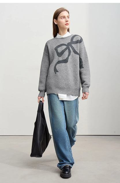Grau melierter Damenpullover mit Schleifen-Jacquard, Rundhalsausschnitt, Langarm