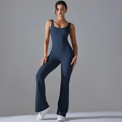 Damen-Fitnessbody-Overall mit Yoga-Hose, dunkelblau, flared Bein, ärmellos