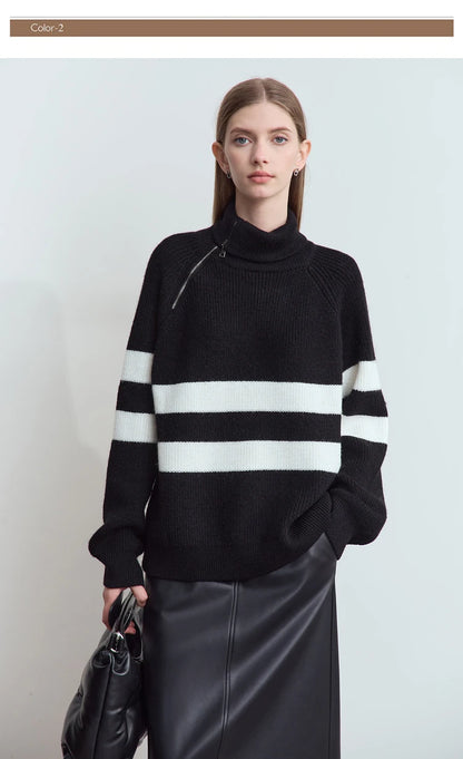 Damen-Rollkragenpullover aus Strick, schwarz mit weißen Streifen, Reißverschluss vorn
