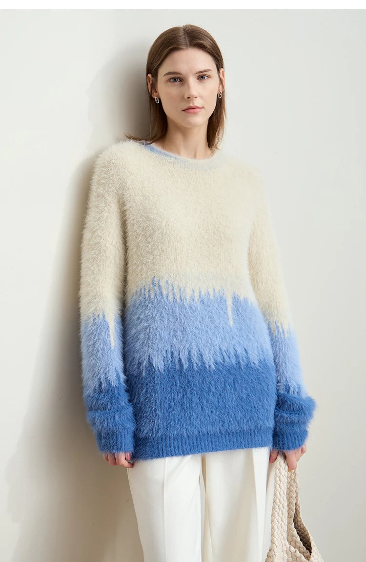 Damenpullover mit O-Ausschnitt, langarm, creme-zu-blau Farbverlauf, weich gestrickt