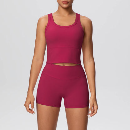 Damen-Yoga-Set in Burgunder mit ärmellosem Top und Shorts, Cut-out am Bund