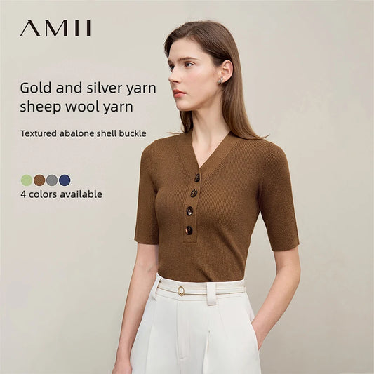 Damen V-Ausschnitt Pullover Wolle-Mix Halbarm Slim Frühling-Herbst