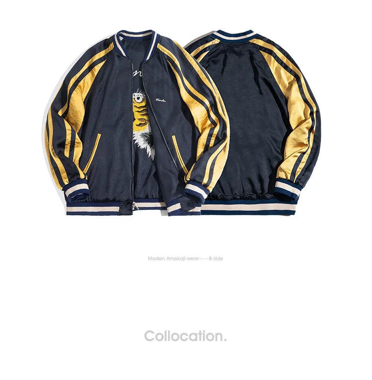 Herren Yokosuka Jacke Retro Reversible Tiger bestickte Patchwork-Outwear