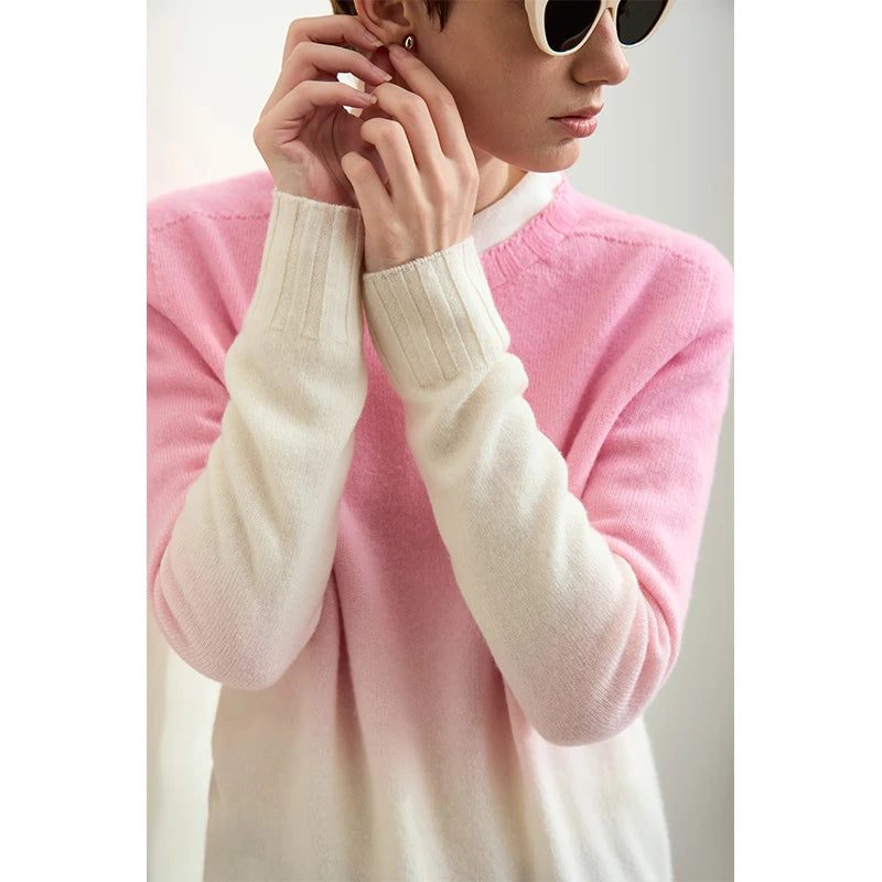 Amii Rundhals-Pullover mit Farbverlauf, lange Ärmel, gerippte Bündchen (rosa zu Creme)