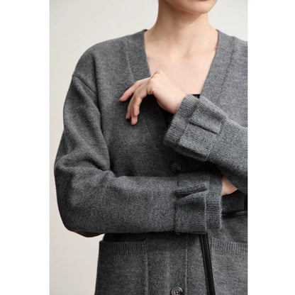 Damen-Strickjacke Wolle V-Ausschnitt Pendler einreihig locker Winter
