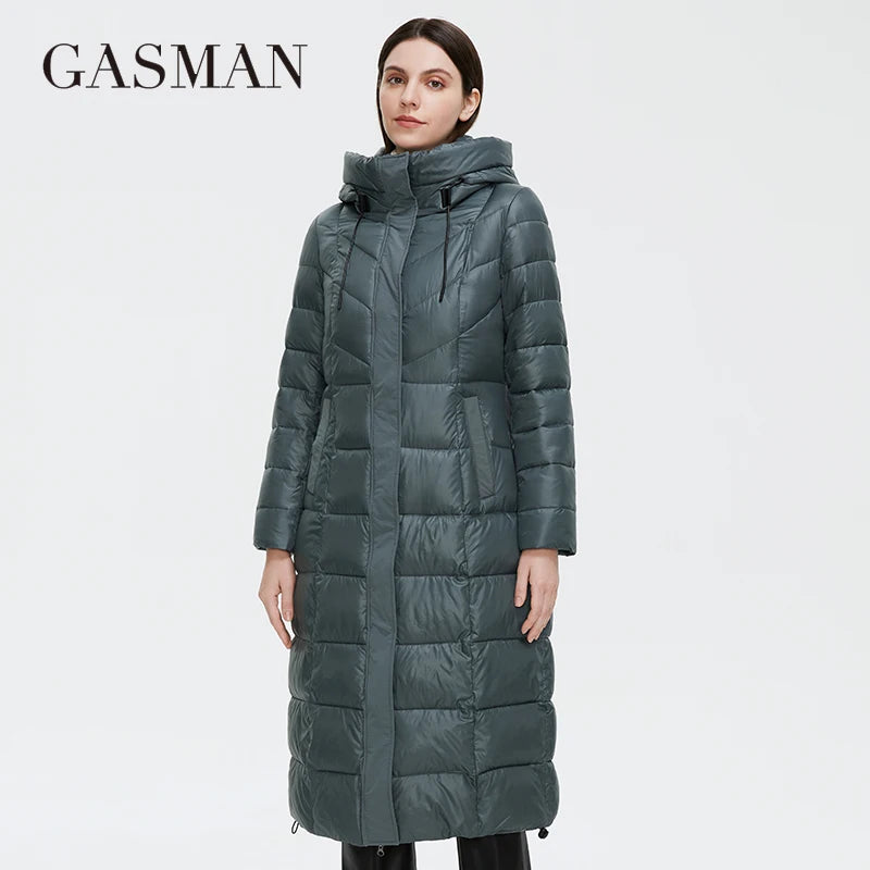 Lange Damen-Daunenjacke mit Reißverschluss, großen Taschen und Stehkragen – Kapuzenparka im klassischen Design