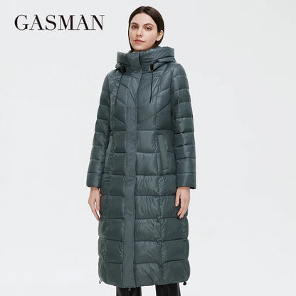 Lange Damen-Daunenjacke mit Reißverschluss, großen Taschen und Stehkragen – Kapuzenparka im klassischen Design