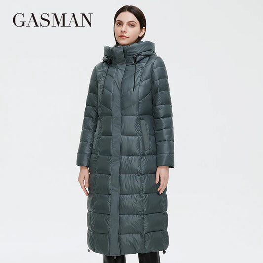 Lange Damen-Daunenjacke mit Reißverschluss, großen Taschen und Stehkragen – Kapuzenparka im klassischen Design