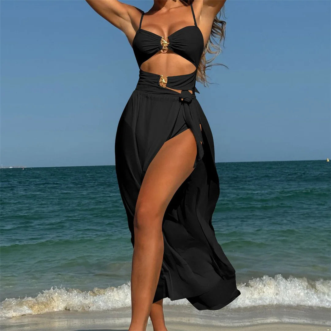 Damen Badeanzug Sarong Cut-Out Metallring verknotet hoher Beinausschnitt Monokini