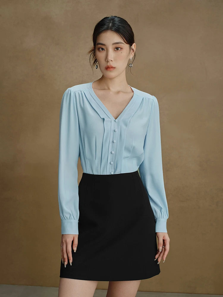 Elegante Damenbluse mit V-Ausschnitt – Schlanke Passform in Gelb oder Blau für stilvolle Herbst-Looks