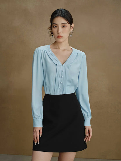 Elegante Damenbluse mit V-Ausschnitt – Schlanke Passform in Gelb oder Blau für stilvolle Herbst-Looks