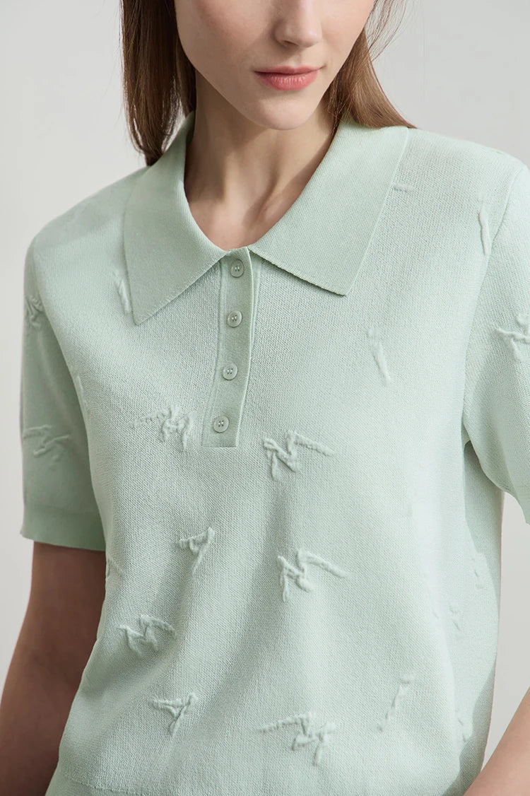 Nahaufnahme: Damen-POLO-Strickpullover mintgrün, Knopfleiste, Kurzarm, Jacquard-Muster