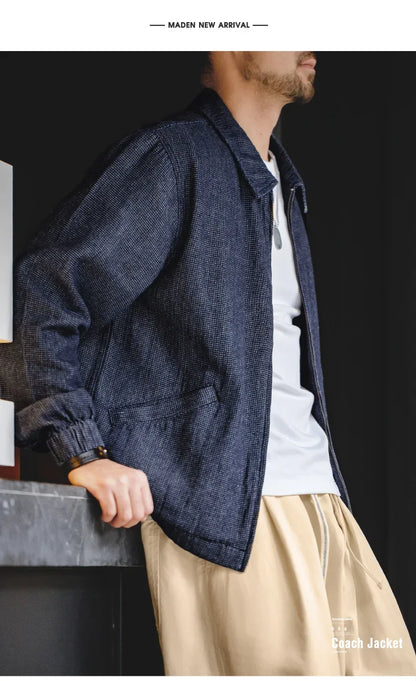 Herren Vintage-Jeansjacke Lockere Passform Revers-Reißverschlussjacke Kurze Blaue Mäntel