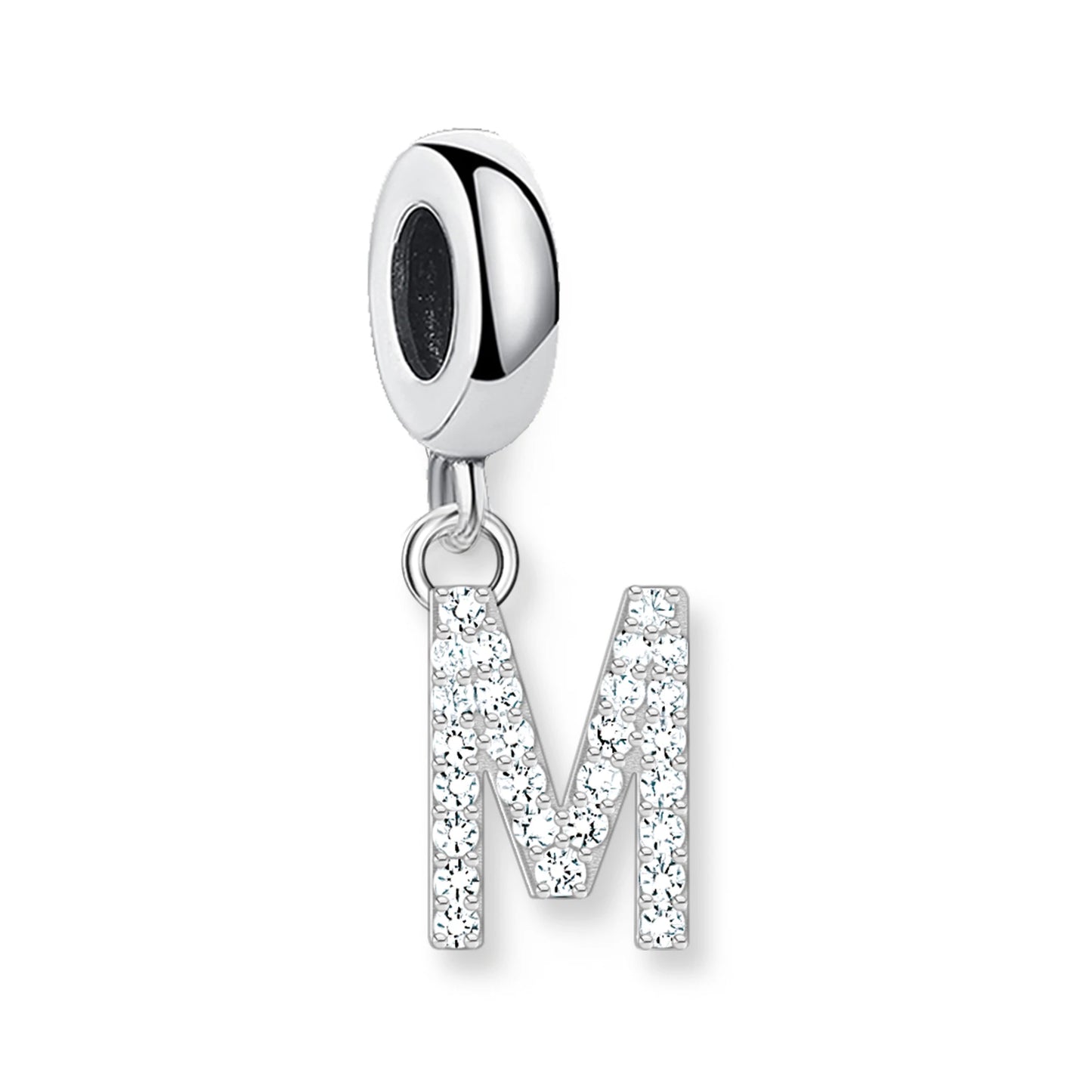 Buchstaben-Charm-Anhänger aus 925er Sterlingsilber mit Strassbuchstabe M und dunklem Stein oben.